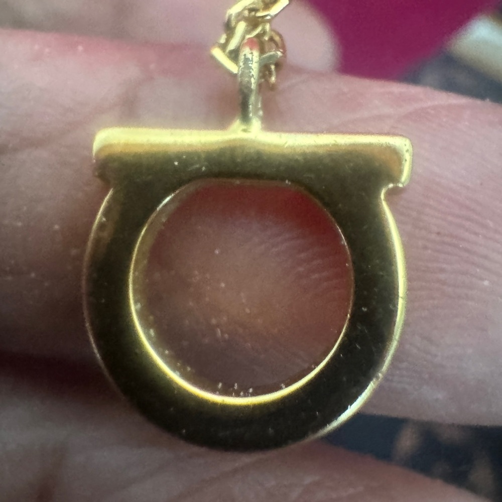 Salvatore Ferragamo Gold-Tone Gancini Pendant Necklace on Chain - Pink Accent - Picture 3 of 4